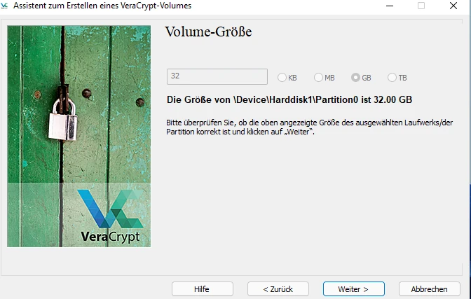 Volume-Grösse in Veracrypt definieren