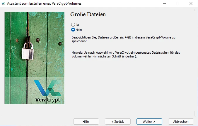 Format für Veracrypt Volume auswählen