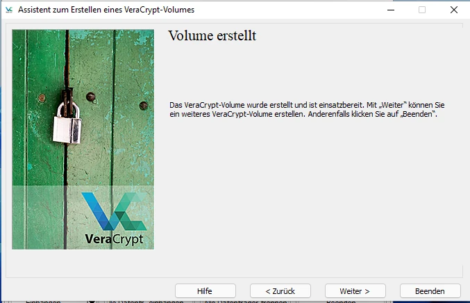 Volume erfolgreich erstellt mit Veracrypt