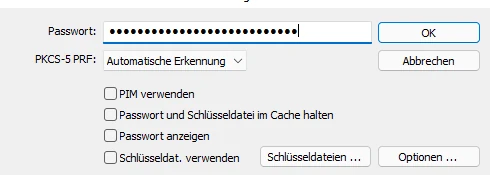 Passwort für Volume unter Veracrypt eingeben