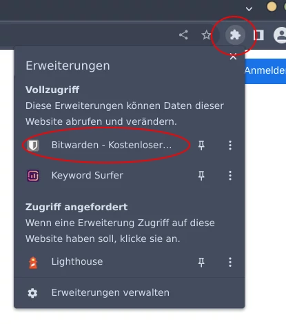 Bitwarden App in Google Chrome anpinnen