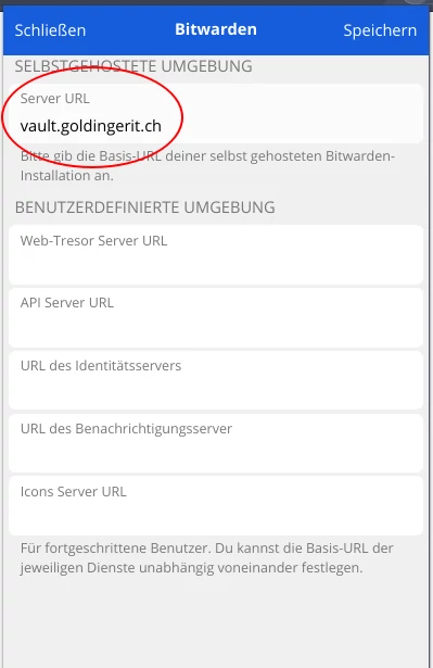 Bitwarden App in Google Chrome selbstgehostete URL hinterlegen