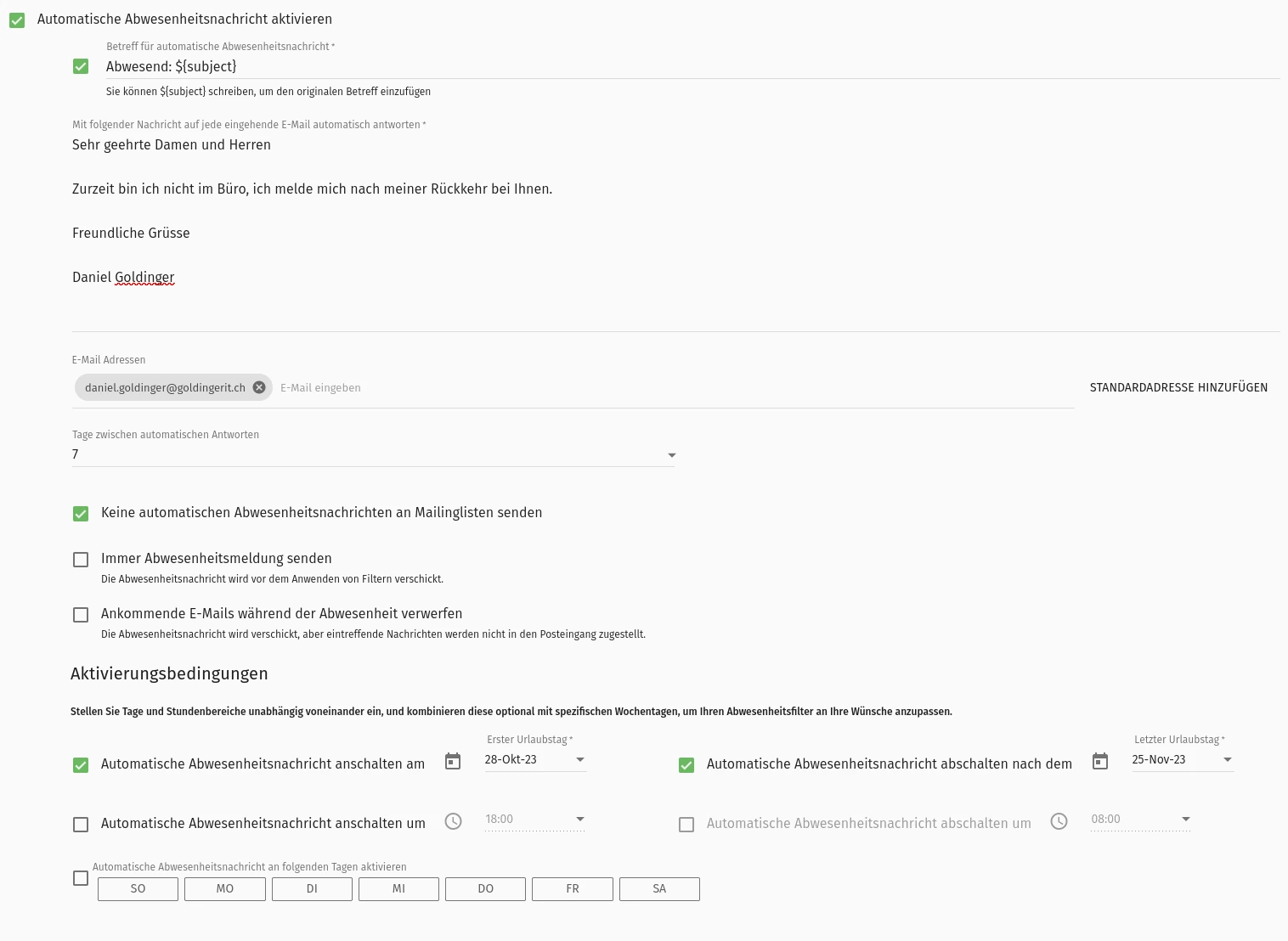 Abwesenheitsmeldung im Sogo Webmail hinterlegen