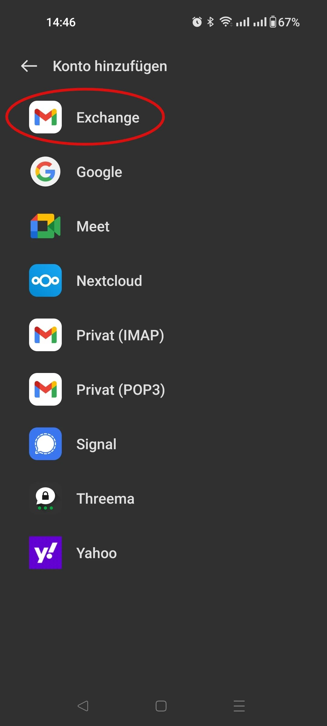 Exchange als Kontotyp unter Android auswählen
