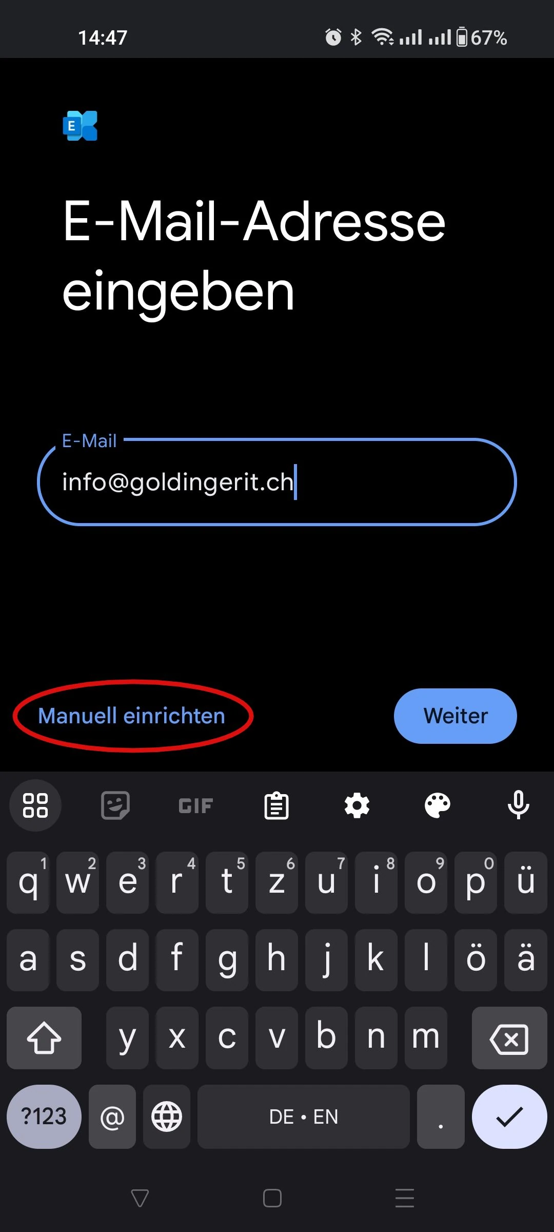 Exchange Konto manuell konfigurieren