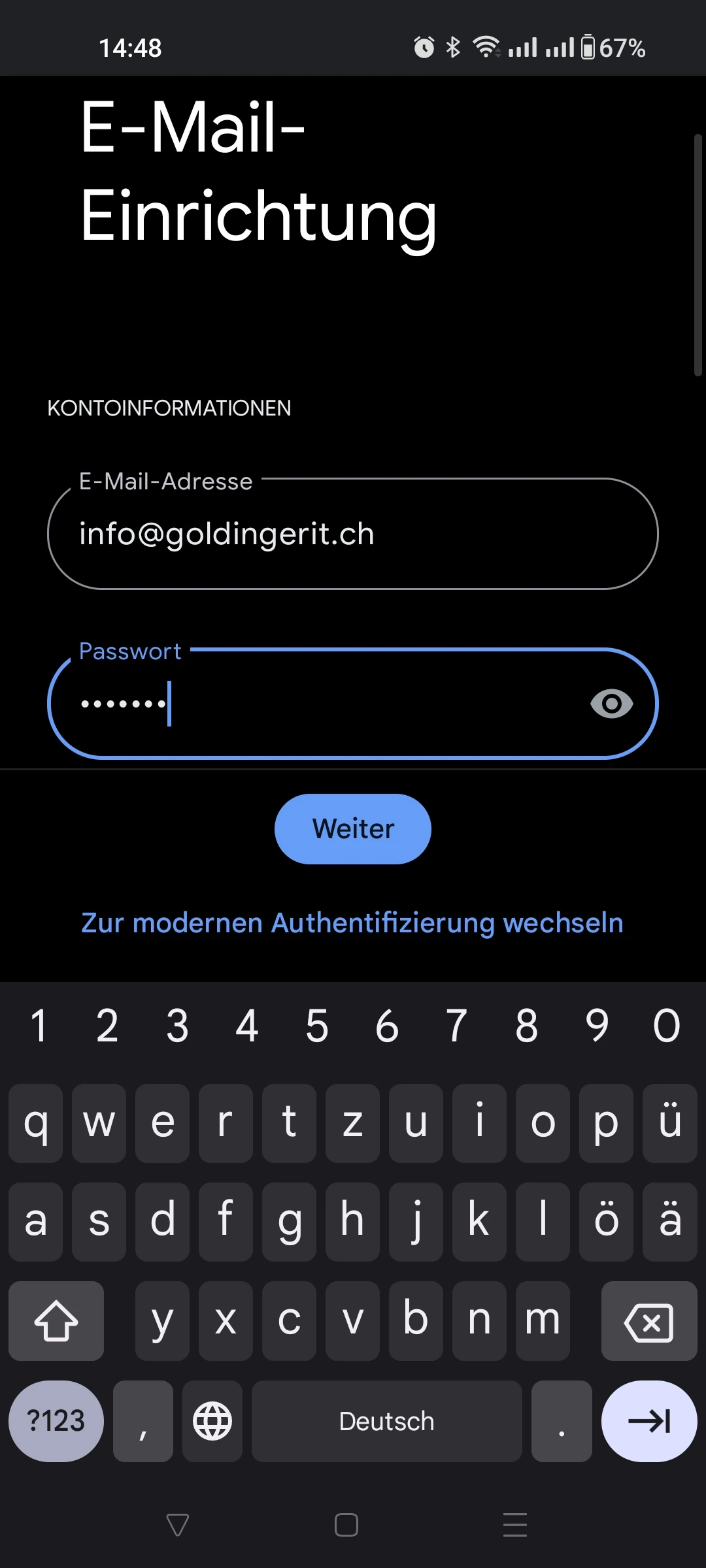 Exchange Konto Passworteingabe unter Android
