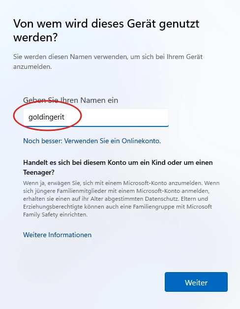 Einrichtungsdialog zum konfigurieren eines lokalen Benutzerkontos im Windows 11 Installationsassistenten